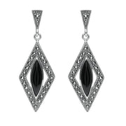 Sterling Silver Whitby Jet Drop Marquise Marcasite Earrings E1789