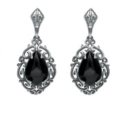 Sterling Silver Whitby Jet Heritage Heavy Carved Pear Earrings. E2176.