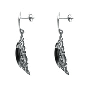 Sterling Silver Whitby Jet Heritage Heavy Carved Pear Earrings. E2176.