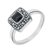 Sterling Silver Whitby Jet Marcasite Cushion Shape Beaded Edge Ring. R745.