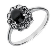 Sterling Silver Whitby Jet Marcasite Domed Oval Beaded Edge Ring. R822.