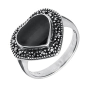 Sterling Silver Whitby Jet Marcasite Heart Shaped Ring. R432.