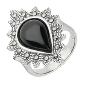 Sterling Silver Whitby Jet Marcasite Pear Beaded Edge Ring. R816.