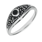 Sterling Silver Whitby Jet Marcasite Round Stone Ring. R528.