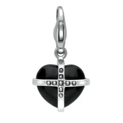 Silver Whitby Jet Marcasite Small Cross Heart Charm. G780.
