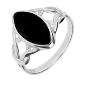 Sterling Silver Whitby Jet Marquise Celtic Ring. R463.