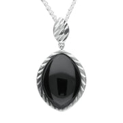 Sterling Silver Whitby Jet Marquise Diamond Cut Pendant Necklace. P2606.