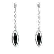 Sterling Silver Whitby Jet Marquise Open Edge Chain Drop Earrings. E1810.