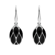 Sterling Silver Whitby Jet Oval Caged Drop Earrings. E2124.