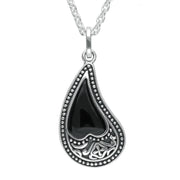 Sterling Silver Whitby Jet Pattern Curved Heart Necklace. P2595.