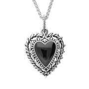 Sterling Silver Whitby Jet Pattern Edge Heart Necklace. P2593.