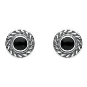 Sterling Silver Whitby Jet Round Rope Edge Stud Earrings. E112.