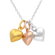 Silver Yellow and Rose Gold Three Heart Necklace N1010
