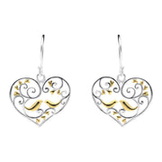Sterling Silver Yellow Gold Bird Vine Open Heart Hook Earrings E2375