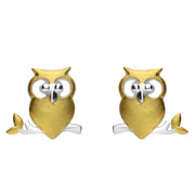 Silver and Yellow Gold Owl on a Branch Stud Earrings E2376