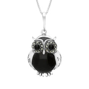 Sterling Silver Whitby Jet Marcasite Medium Owl Necklace