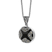 Sterling Silver Whitby Jet Marcasite Rounded Arc Necklace, P2140.