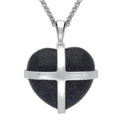 Sterling Silver Blue Goldstone Large Cross Heart Necklace, P1542.