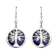 Sterling Silver Gold Plate Lapis Lazuli Round Tree of Life Drop Earrings, E2485.