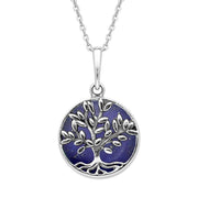 Sterling Silver Lapis Lazuli Small Round Large Leaves Tree of Life Necklace, P3340.