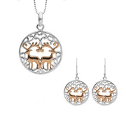 Sterling Silver Rose Gold Round Pierced Reindeer Two Piece Set, S108.