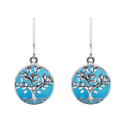 Sterling Silver Turquoise Round Large Tree of Life Leaves Drop Earrings, E2427.