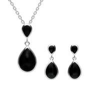 Sterling Silver Whitby Jet Double Pear Drop Two Piece Set, S081.