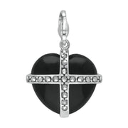 Sterling Silver Whitby Jet One Marcasite Large Cross Heart Charm, G785.