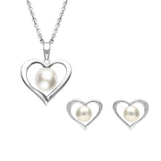 Sterling Silver White Pearl Open Heart Two Piece Set