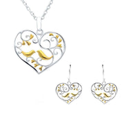 Sterling Silver Yellow Gold Bird and Vine Open Heart Two Piece Set