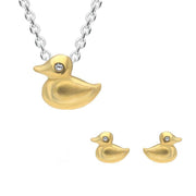 Sterling Silver Yellow Gold Cubic Zirconia Duck Two Piece Set