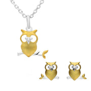 Sterling Silver Yellow Gold Owl Branch Two Piece Set, S138.