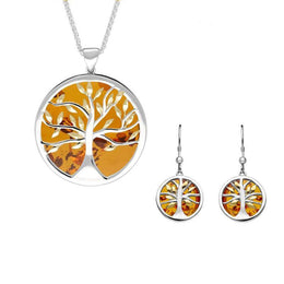 Sterling Silver Yellow Gold Plated Amber Large Round Tree of Life Two Piece Set S063