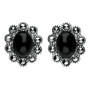 Sterling Silver Whitby Jet Marcasite Oval Beaded Edge Two Piece Set