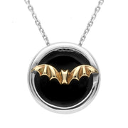 Sterling Silver 9ct Yellow Gold Whitby Jet Round Gothic Bat Necklace. P1776C.