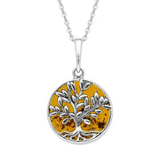 Sterling Silver Amber Round Large Leaves Tree of Life Two Piece Set S062