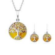 Sterling Silver Amber Small Round Tree of Life Two Piece Set S064