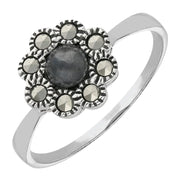 Sterling Silver Hematite Marcasite Round Beaded Edge Ring R806