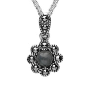 Sterling Silver Hematite Marcasite Rounded Bead Edge Necklace P2311