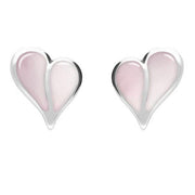 Sterling Silver Pink Mother of Pearl Split Heart Stud Earrings. E364.