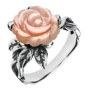Sterling Silver Pink Mother of Pearl Tuberose Rose Leaf Twist Ring, R728.
