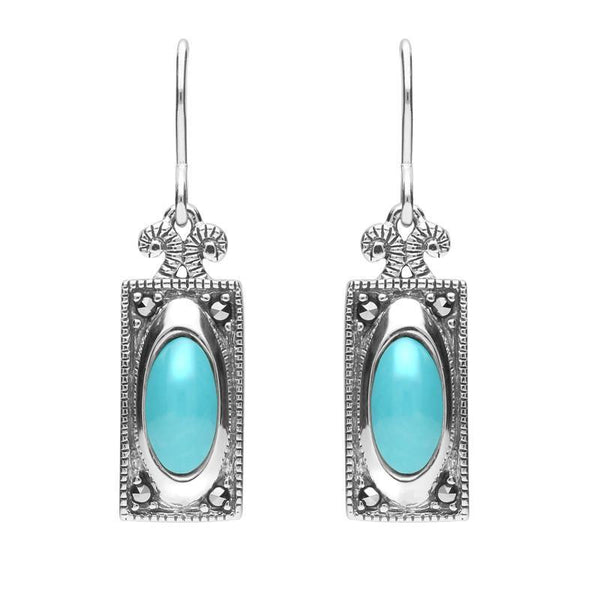 Sterling Silver Turquoise Marcasite Oval Oblong Drop Hook Earrings. E2305.