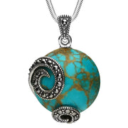 Sterling Silver Turquoise Marcasite Round Double Spiral Necklace, P2117.
