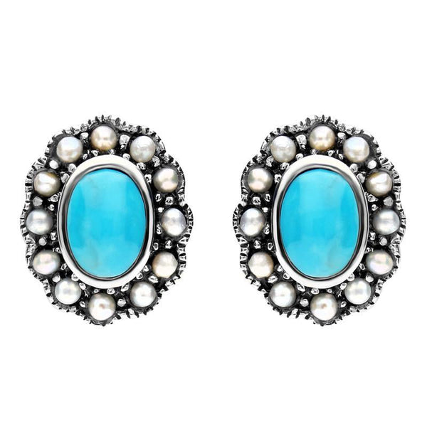 Sterling Silver Turquoise Pearl Oval Beaded Edge Stud Earrings. E1632.