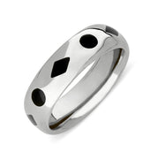 Sterling Silver Whitby Jet 8mm Patterned Wedding Band, R583.