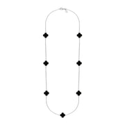 Sterling Silver Whitby Jet Bloom Seven Stone Four Leaf Clover Chain Necklet, N1040