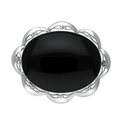 Sterling Silver Whitby Jet Framed Frill Edge Oval Brooch. M016.