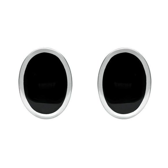 Sterling Silver Whitby Jet Framed Oval Stud Earrings. E016.