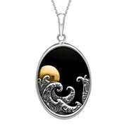 Sterling Silver Whitby Jet Gold Plated Moon Waves Oval Necklace P3442