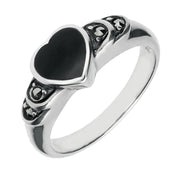 Sterling Silver Whitby Jet Heart Marcasite Shoulder Ring R539